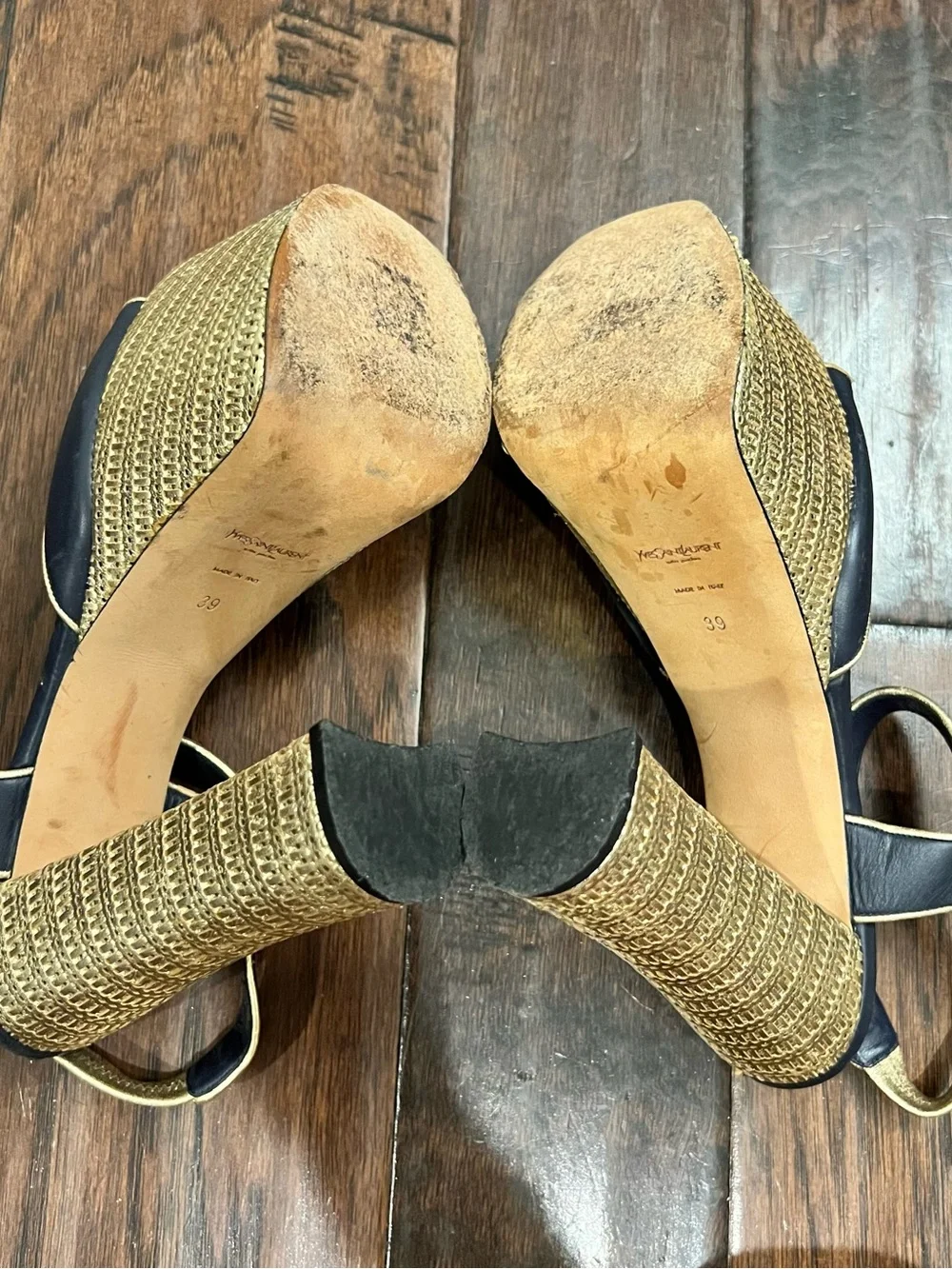 Yves Saint Laurent Black and Gold Woven Platform Sandals